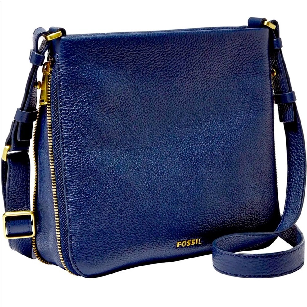 Fossil Blue Leather Zipper Shoulder Bag